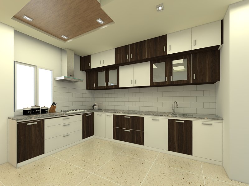 A white and brown glossy laminated modular kitchen with a designed roof by Offcentered Infrastructure.